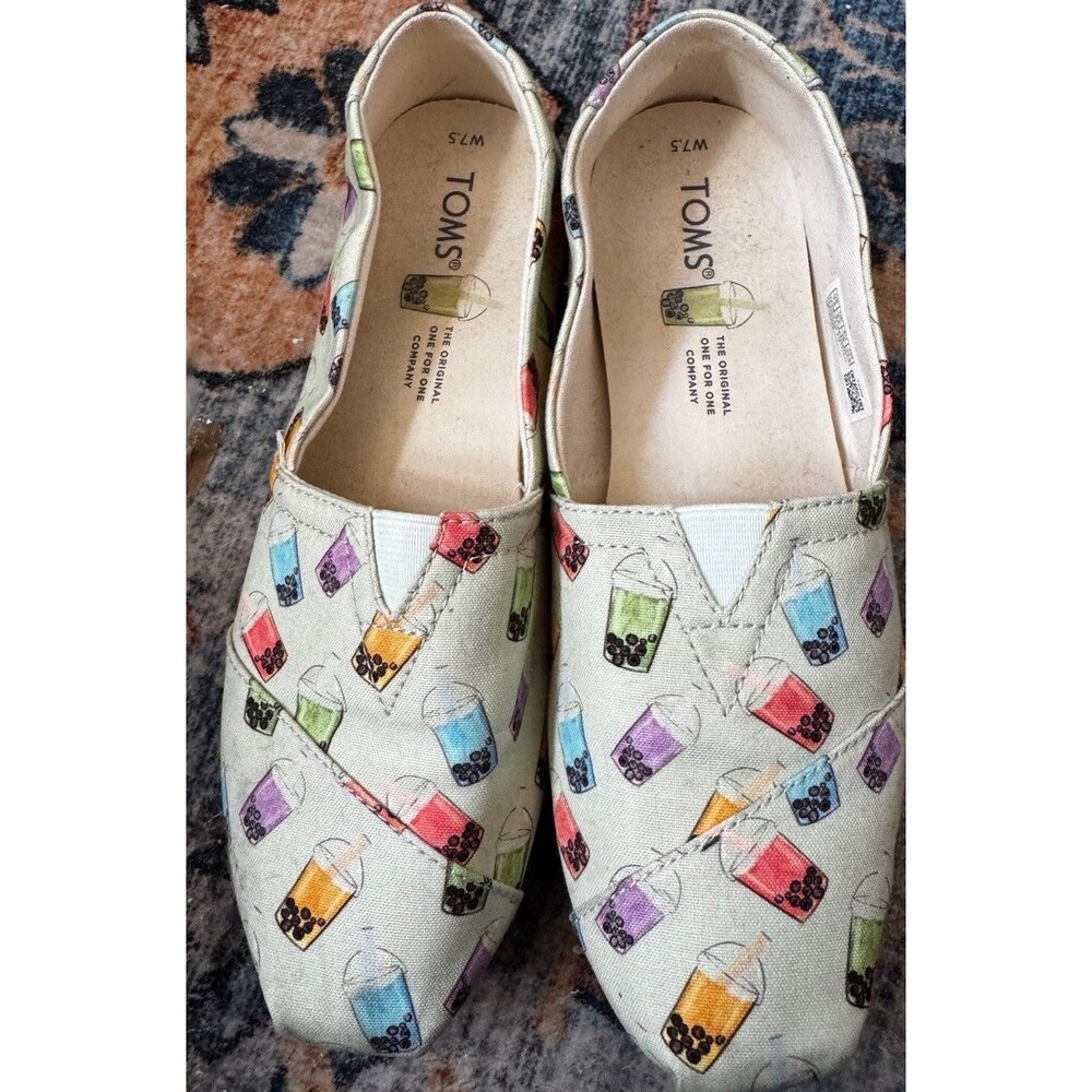 EUC TOMS Alpargata Shoes Womens 7.5 Mint Green Boba Tea Print Slip On Flats